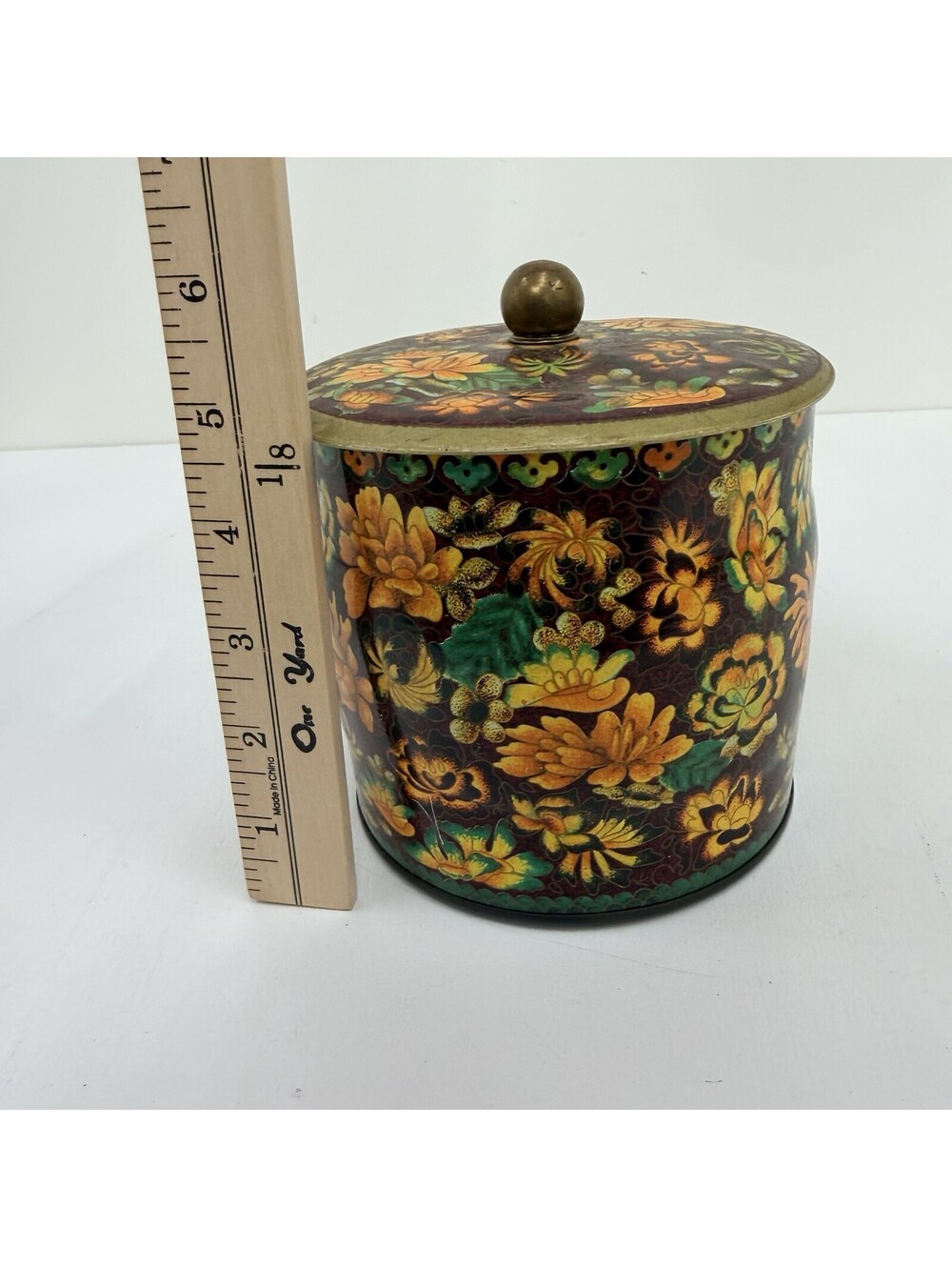 Vintage Daher Floral Tin Canister Lid Brass Knob Finial Made in England 6" - Picture 8 of 8